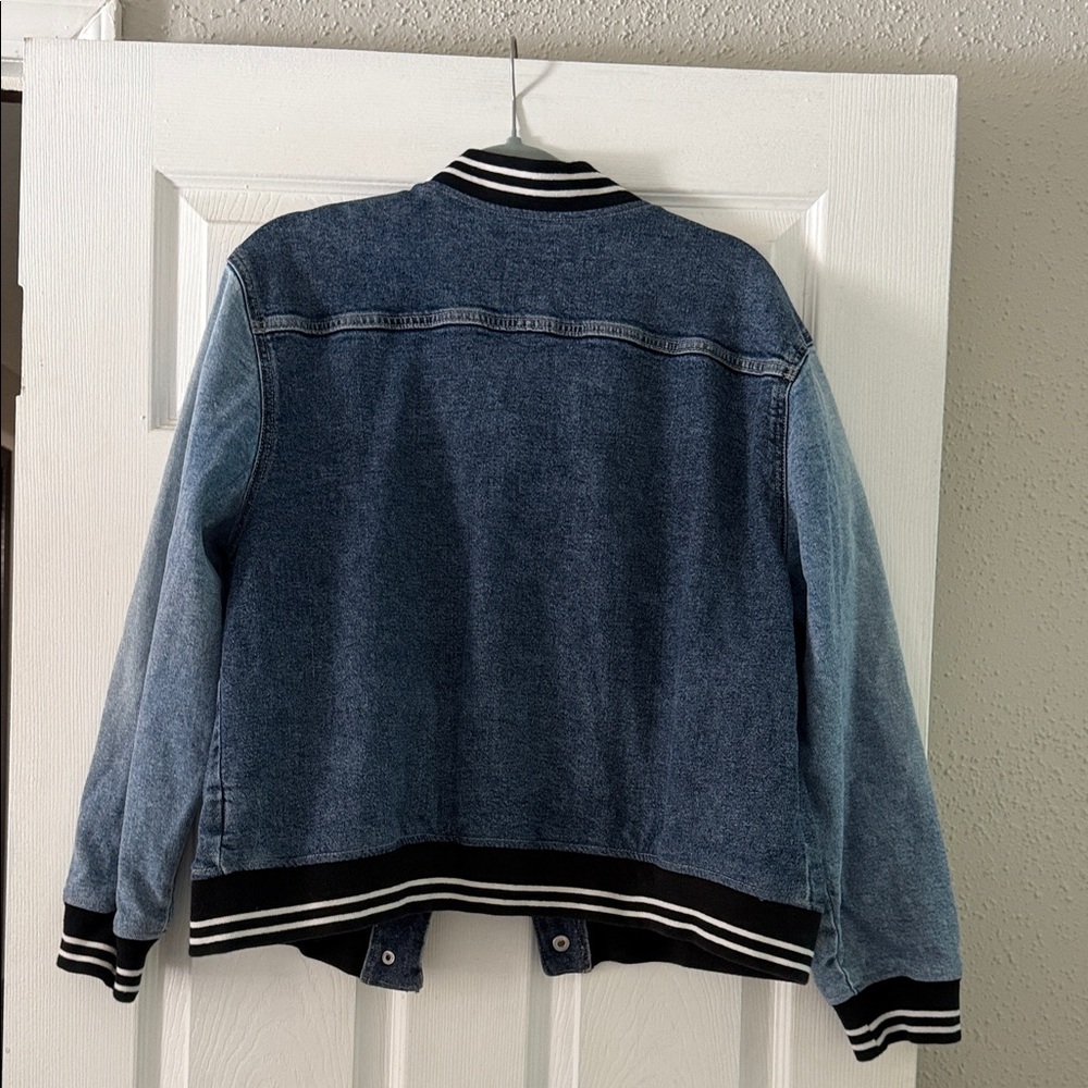 SO Two-Tone Denim Bomber Jacket in Dark and Light Blue - Picture 3 of 3